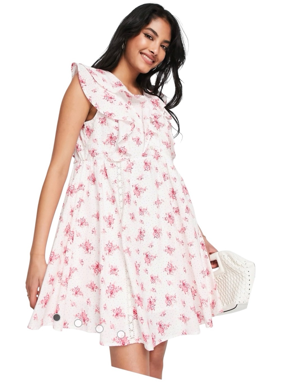 RIVER ISLAND Floral Pink Frill Smock Mini Dress